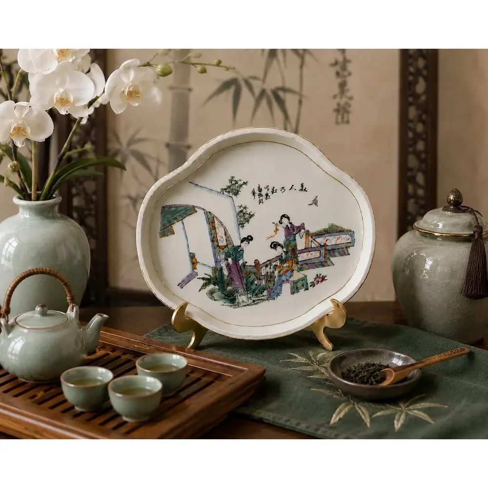 Vintage Chinese Famille Rose Porcelain Scalloped Tray Plate Gold Rim Decor